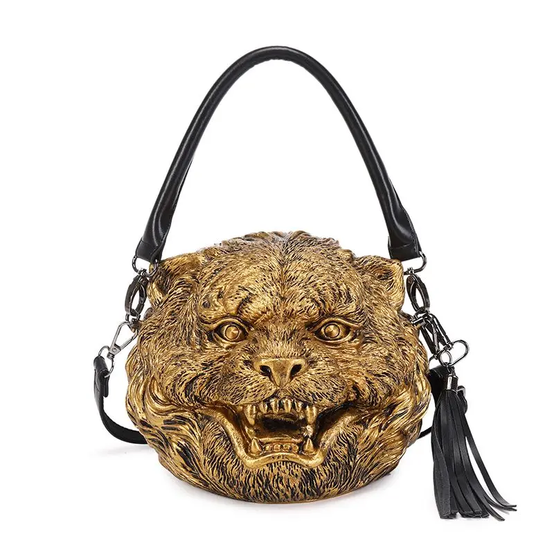 New 3D Embossed Tiger Head Design Shoulder Bag European / American Fashion Personalized Tassel Pendant Crossbody Bag For Women