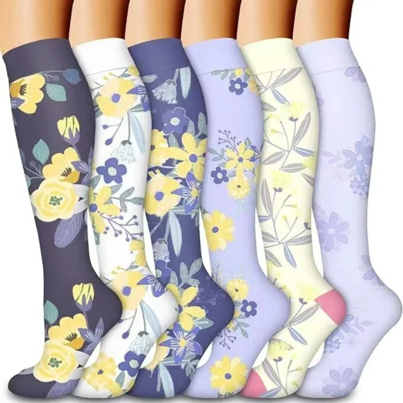 6 Pairs Floral Cute Compression Socks for Women Travel Calf Nurse Pregnant Medical Compression Socks Cartoon