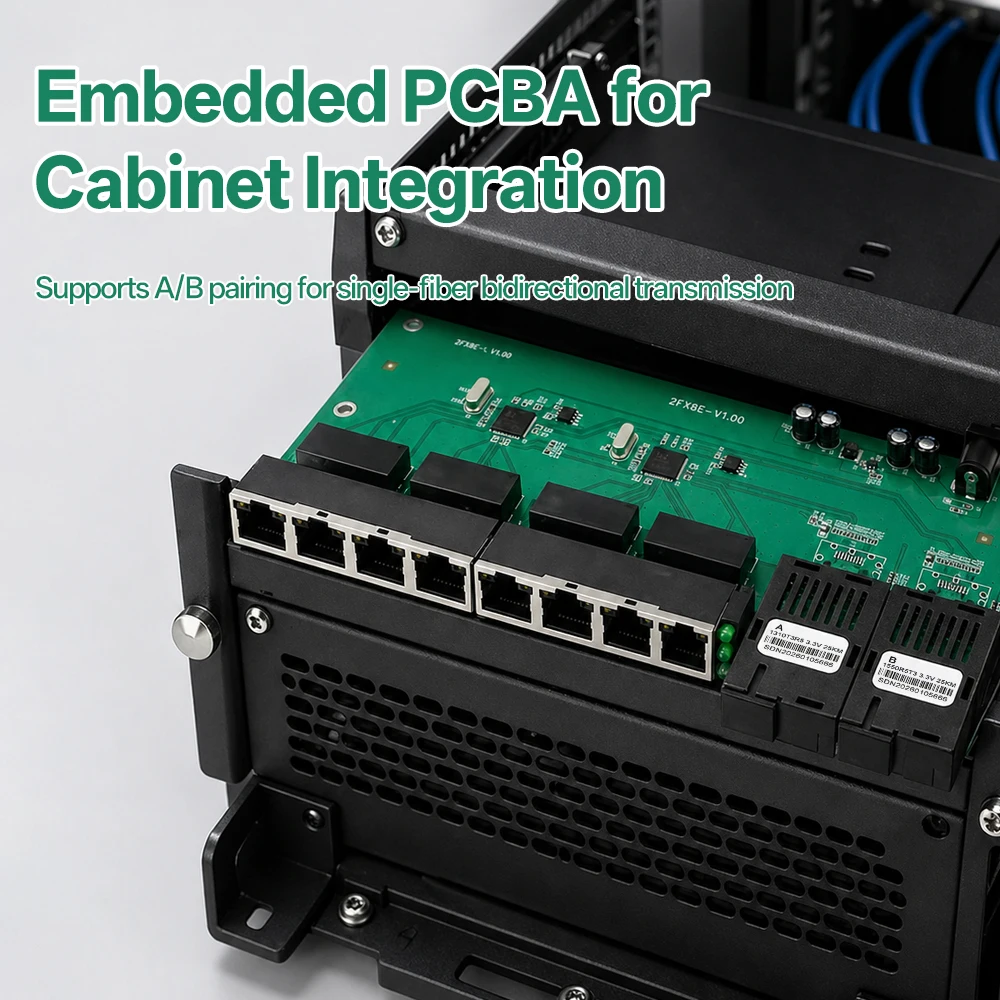 2F8E BIDI Fiber Media Converter Board 10/100Mbps Single Mode SC Single Fiber  25KM  2 Optical 8 RJ45 Port Industrial PCB Board