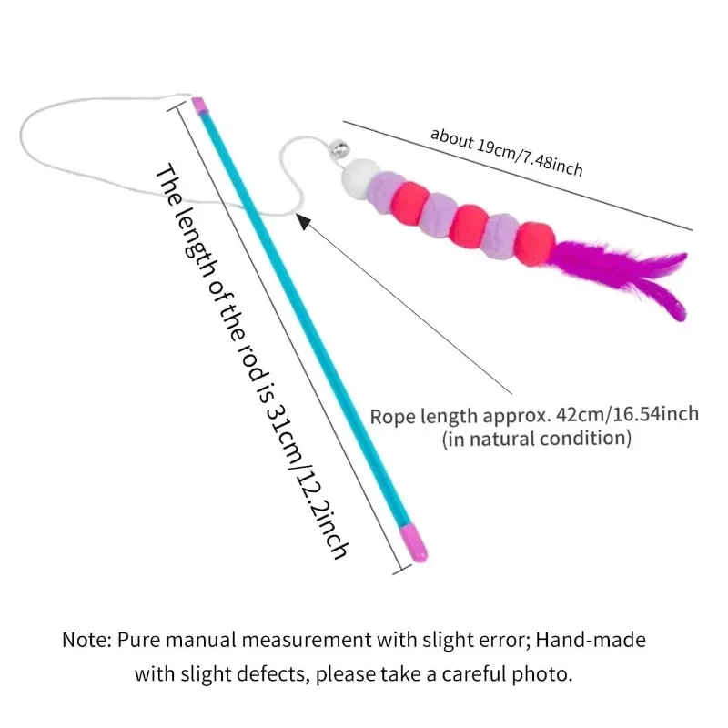 Extendable Cat Teaser Wand with Feathers Bells Colorful Balls Interactive Kitten Toy for Playful Cats Fluffy Fur Safe Material B