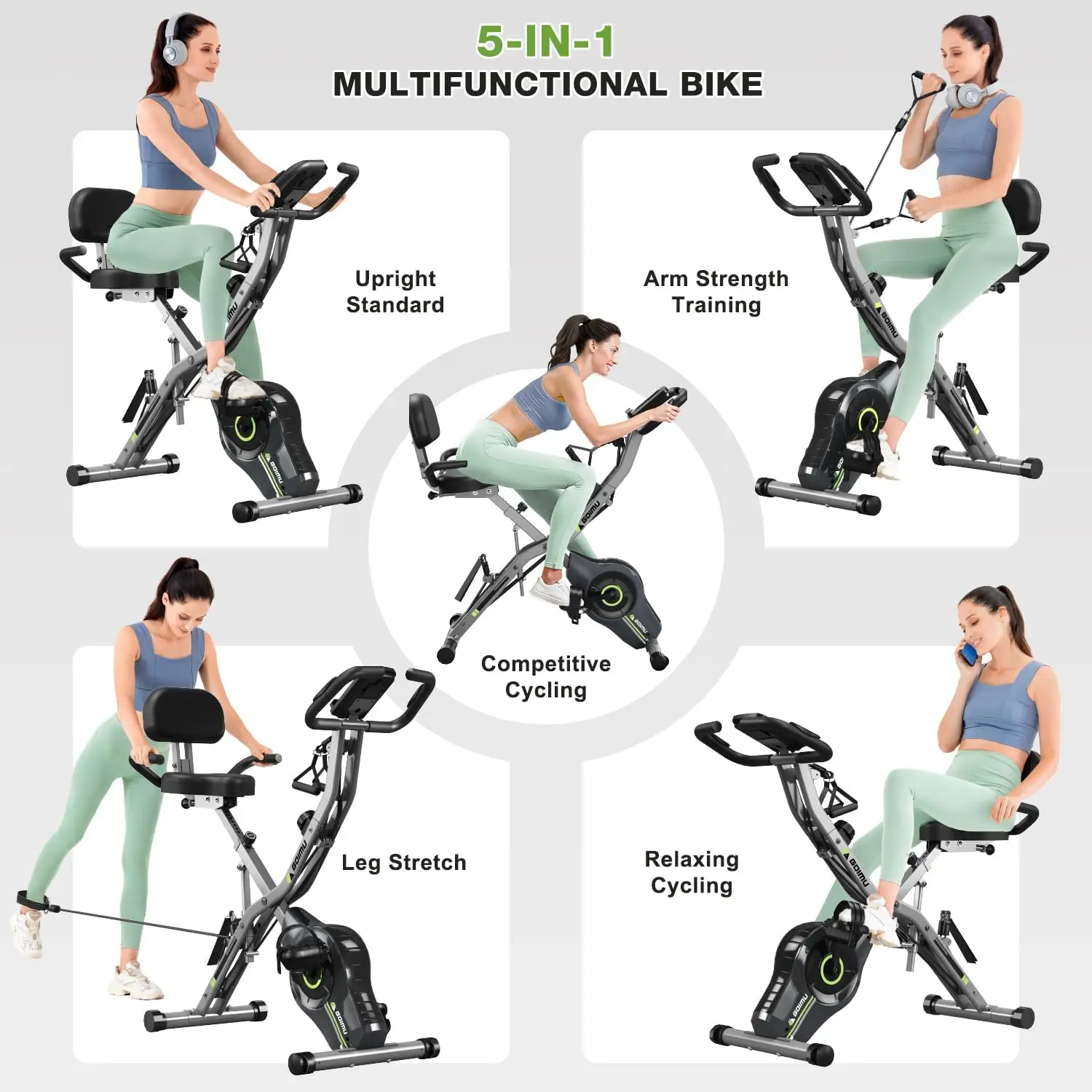 Exercise Bike, 5 in 1 Foldable Stationary Bike for Seniors, 16-Level Adjustable Magentic Resistance, Indoor Recumbent Bike