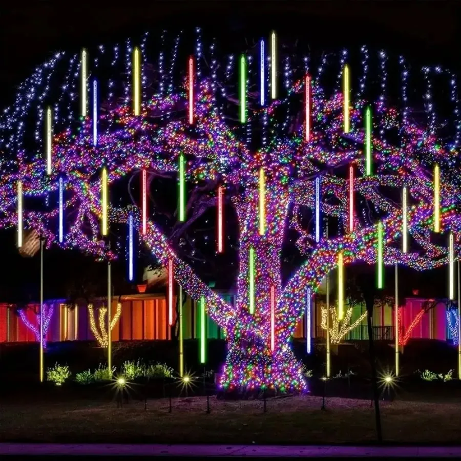 Solar Meteor Rain Lights 30cm 192LEDs, 8-Tube Waterproof Falling Raindrop Fairy String for Garden Wedding Christmas Decor