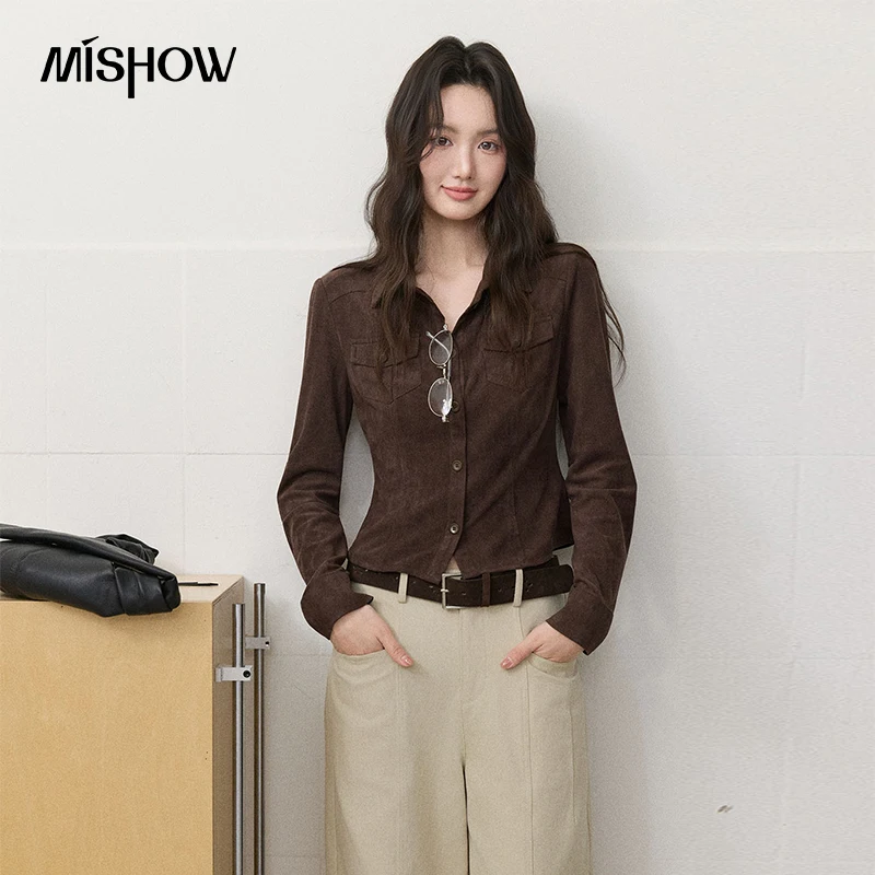MISHOW Women's Vintage Brown Suede Texture Shirts 2026 Autumn Lapel Long‑Sleeve Waist Shirt Casual Fashion Ladies Top MXF43C2567
