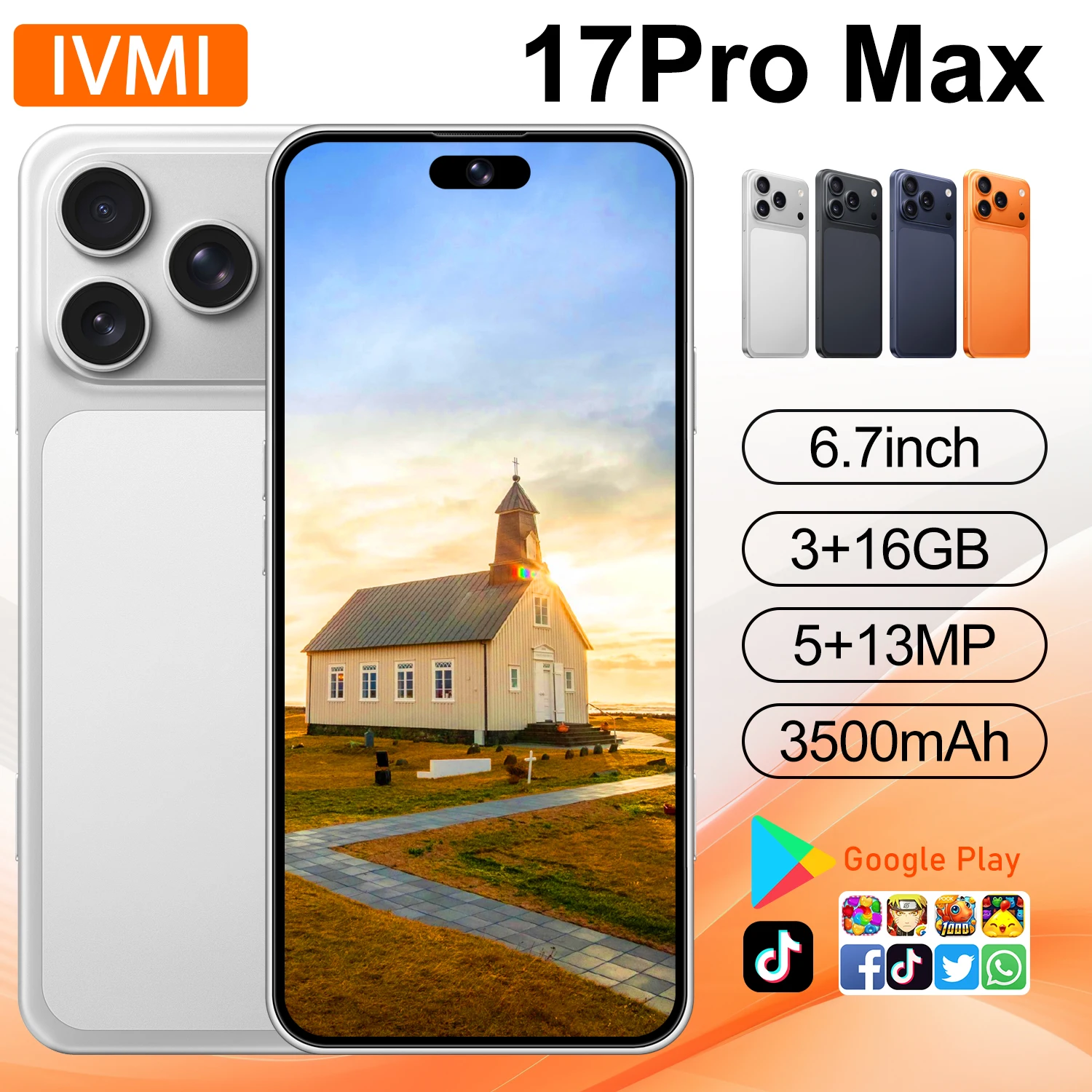 IVMI 17 Pro Max 6.7'' Smartphone 3GB+16GB 5MP+13MP Camera Bluetooth Wi-Fi Google Supported Mobile Phone