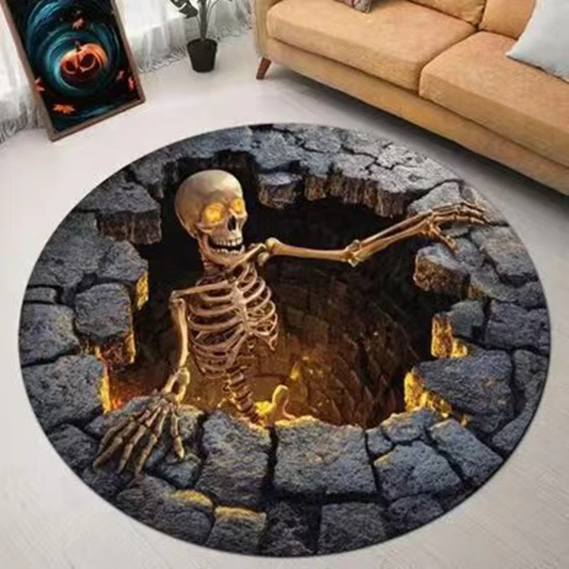 Halloween Vortex Terror Skull Circular Carpet 3D Visual Illusion Suspense Carpet Bedroom Living Room Chair Anti Slip Mat Gift