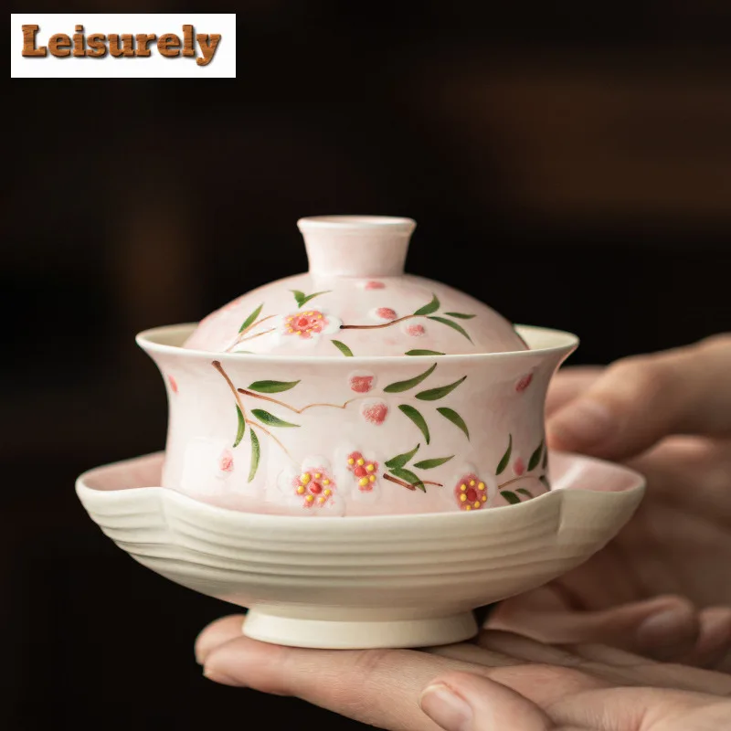 

90ml Hand-painted Peach Blossom Gaiwan Handmade Tea Tureen Tea Bowl With Lid Kit Tea Brewing Cover Bowl Chinese Tea Set Gifts