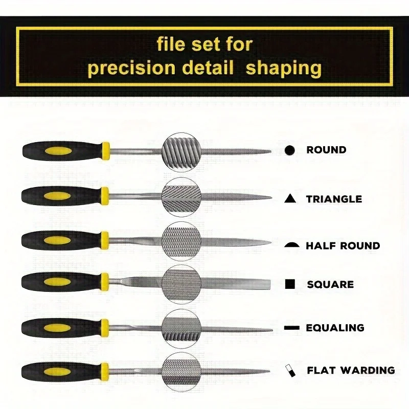 6-Piece Needle File Kit with High Temperature Quenching and Rubber Handle - Includes 6 Shapes Flat, Flat Warding, Square, Triang