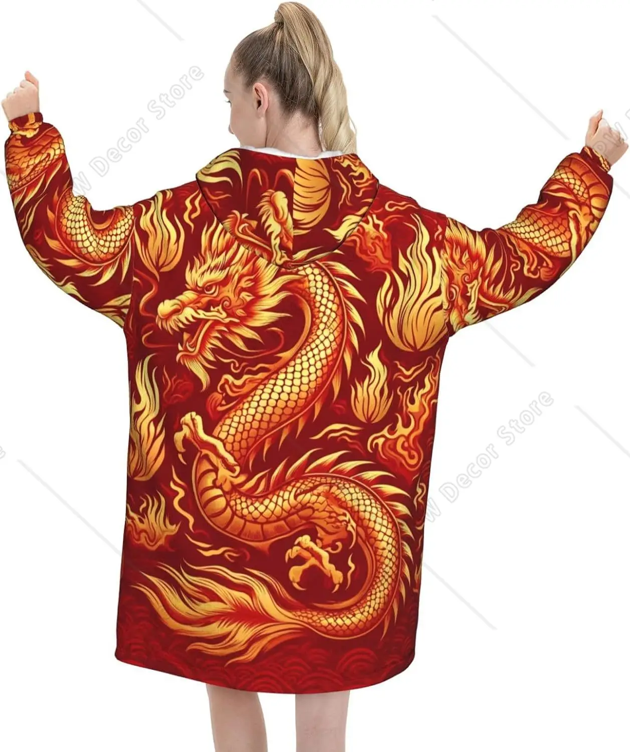 Oversized Adult Long Sleeve Flannel Hoodie Blanket Asian Dragon Fire Gold Soft Fuzzy Hooded Sweatshirt Lounging Pullover