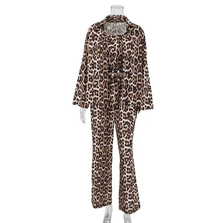 

Leopard Print Che Nightgown And Pant Set Tee Piece Women's Spwear Casual Autumn Long Sve Comfortable Home Clothes