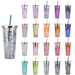 700ML Glitter Plastic Sippy Water Cup With Lid Portable Double Layer Cold Drink Coffee Cup Reusable Large Capacity Milk Tea Cups