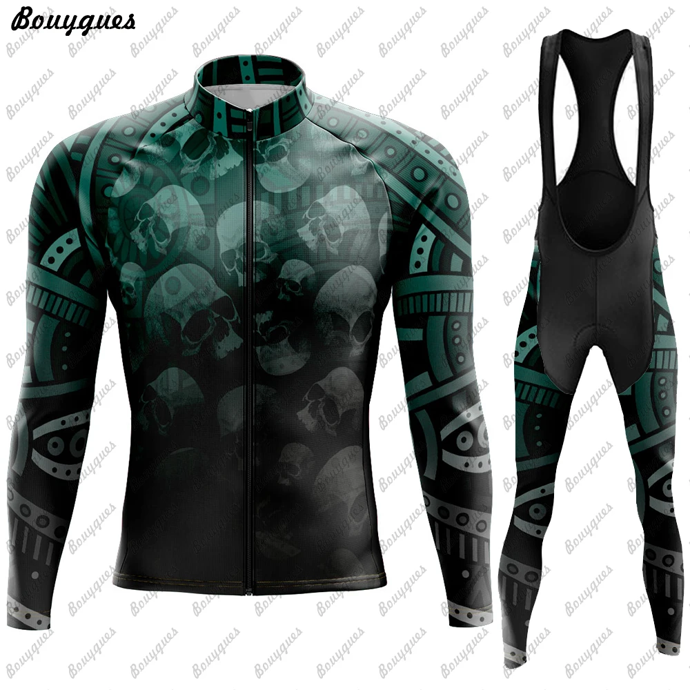 Black Burning Eagle Men Fleece And Thin Cycling Clothes Set Long Sleeves Jersey Suit Outdoor Riding Bike MTB Bib Pant Clothing