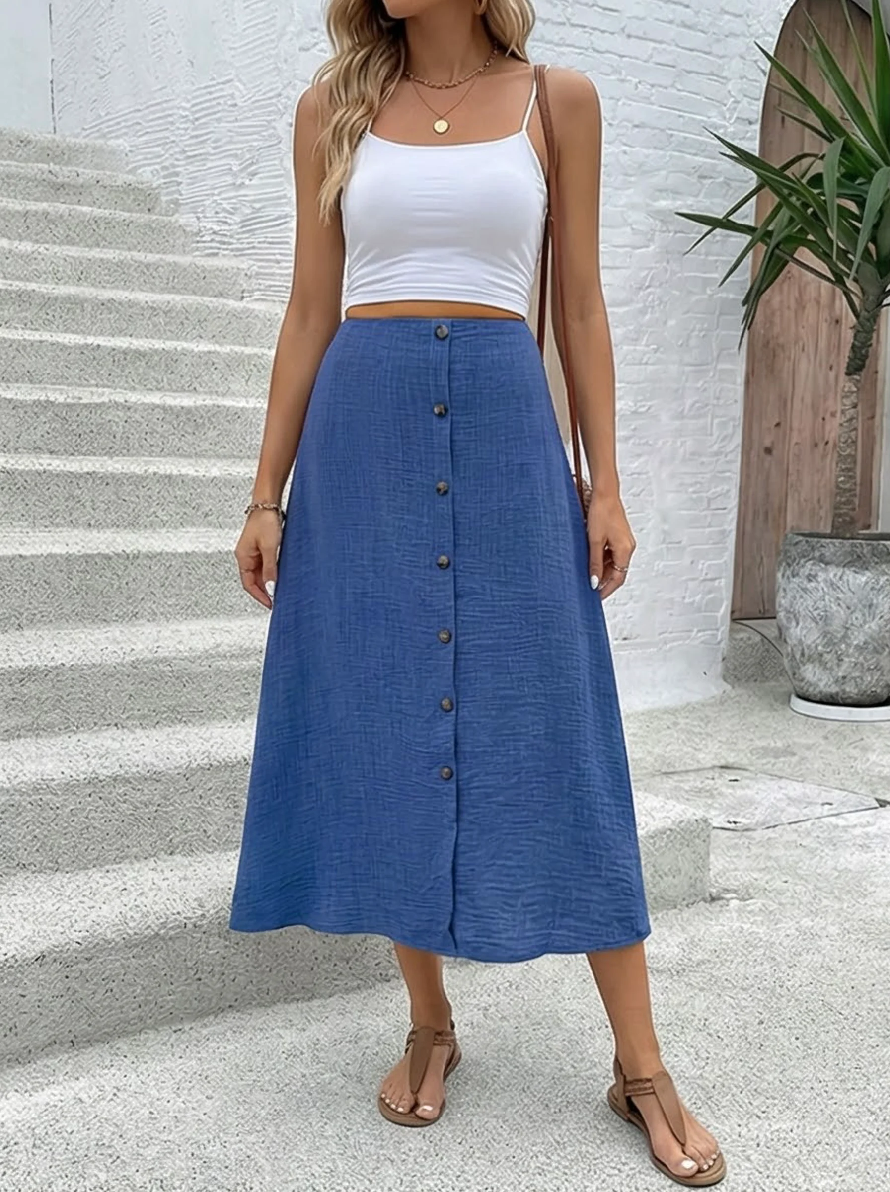 Fashionable Solid Color Long A-Line Half Skirt with Decorative Hemline Elegant Women's Midi Skirt for Casual Wear - view 3