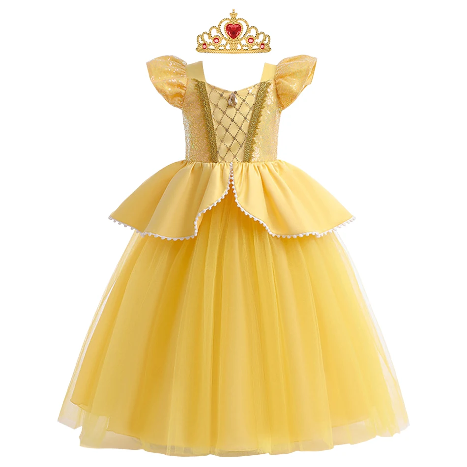 

Girls Bubble Sleeves Yellow Dress Girls Beauty and Beast Belle Kids Cosplay Dresses Children Stage Performance Costumes 3-10Y