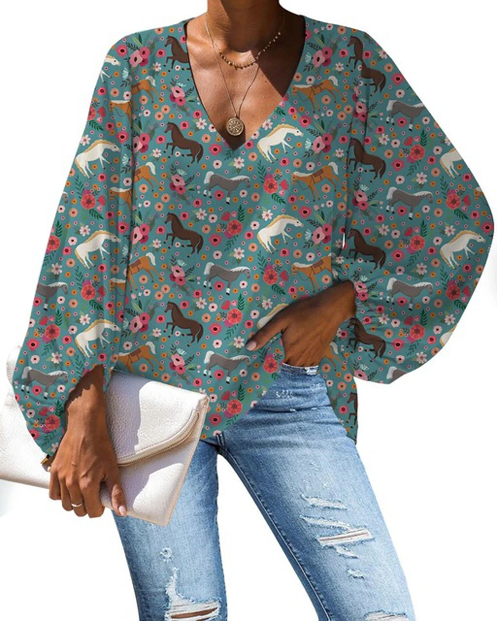 

Horse Print Chiffon Blouse Womens Summer 2023 Blusas Woman Casual Lantern Long Sleeve Loose Tops V-Neck Ladies Shirts & Blouses