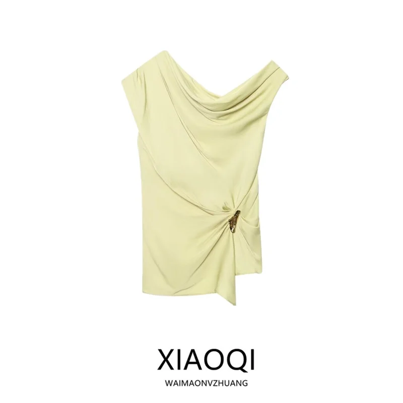 

Silk Satin Texture Asymmetric Collar Svel Top Women's Faion Versatile Straight Cut Long Sve irt Summer 2025 New ...