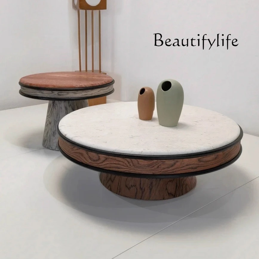 

Italian minimalist round solid wood combination coffee table wabi **** old money wind size round coffee table short coffee table
