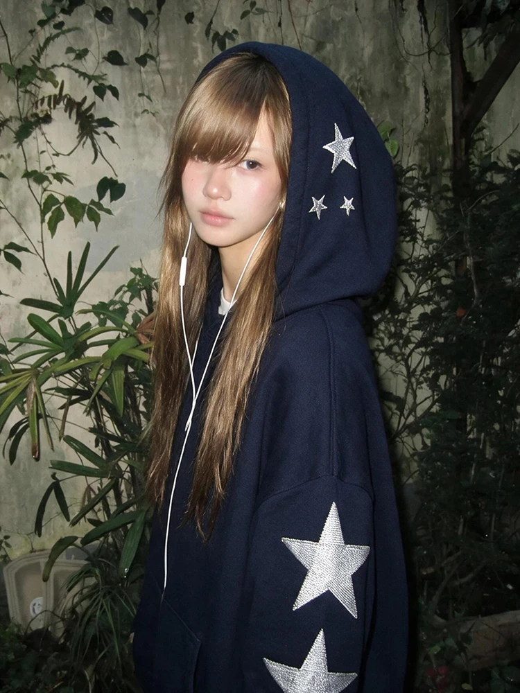 Tonngirls Y2k Japanischer Zip-up Hoodie für Damen, Strass-Stern, lockerer Pullover, amerikanischer Retro-Vintage-Kapuzenmantel, Ästhetik der 2000er Jahre – Detail 6
