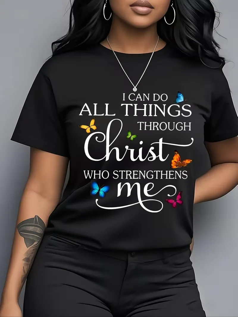 

I can do everything through Christ Letter printed women's short sleeved t-shirt fashion daily casual Christian gifts Male shirts