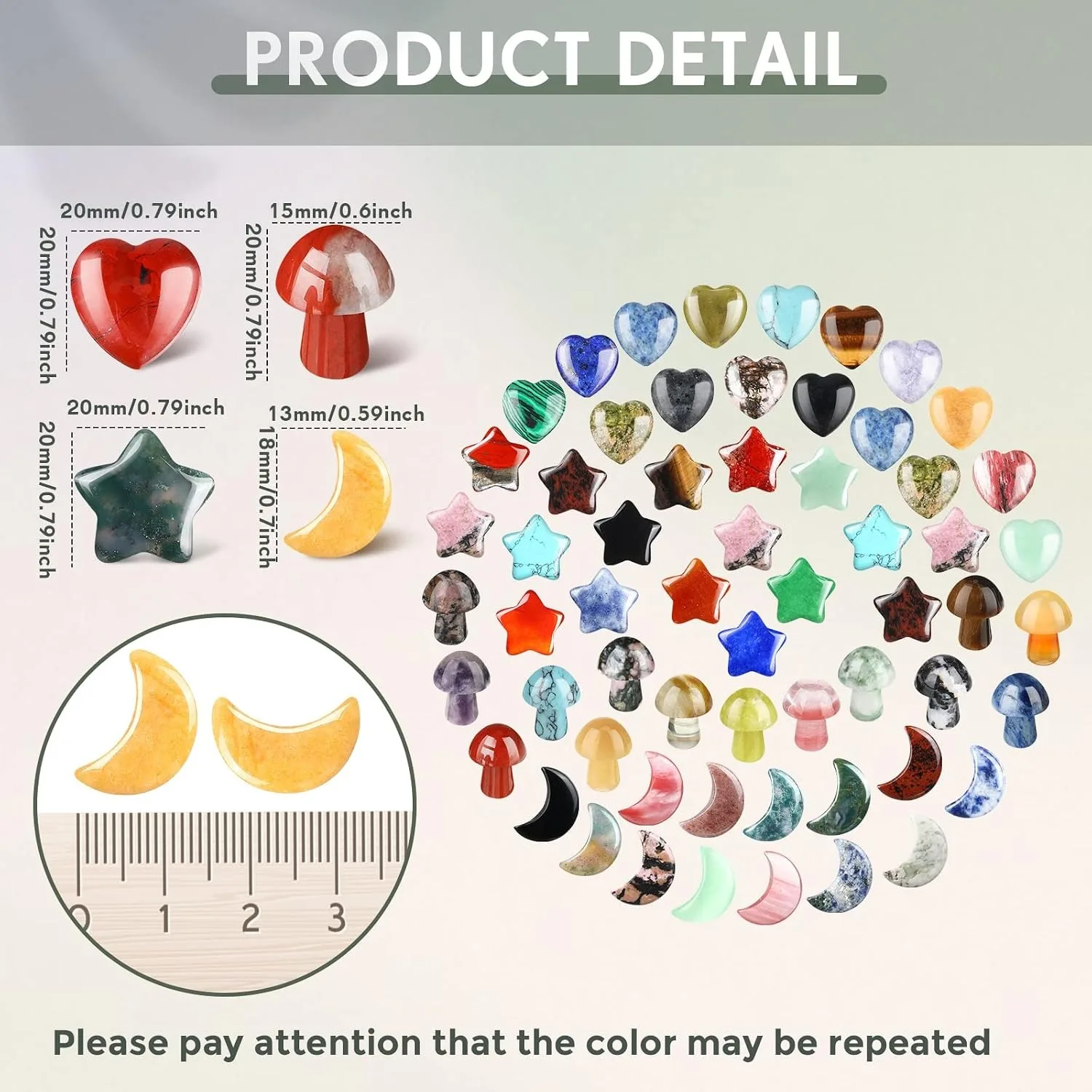 20Pcs Mushroom Sculpture Heart Shaped Moon Star Crystals Worry Stones Assorted Hand Making Palm Thumb Gemstones Meditation