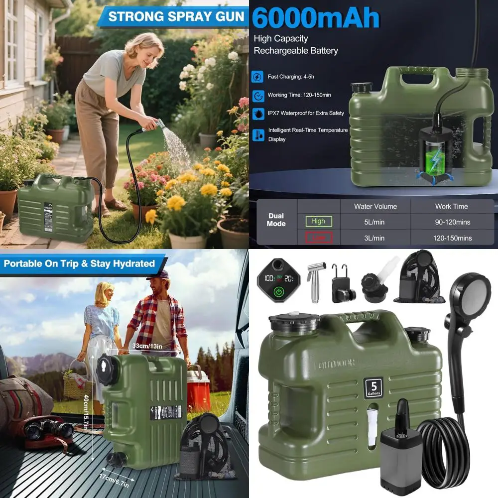 

Портативный 5-галлонный душ для кемпинга с перезаряжаемым насосом 6000 мАч, водонепроницаемость IPX7, контейнеры без BPA