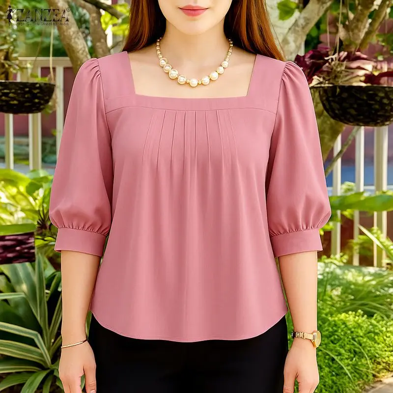 ZANZEA 여성 우아한 3/4 소매 작업 블라우스 여름 오피스 셔츠 세련된 솔리드 플리츠 튜닉 스퀘어 넥 탑 루즈 블라우스 여성용