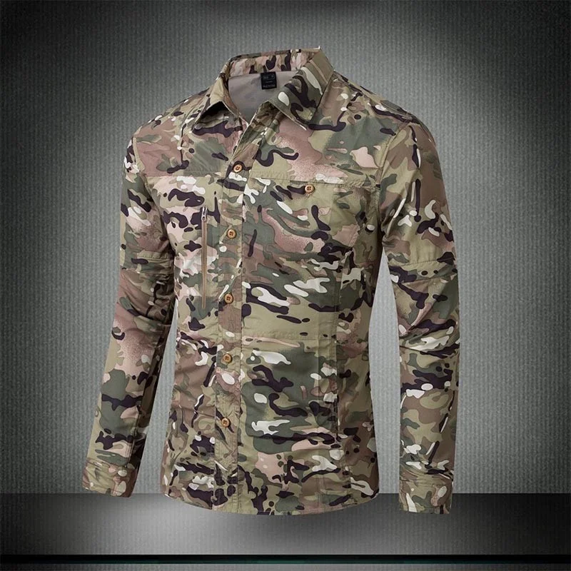 

Spring Summer Men Tactical Camouflage Breathable Quick Drying Long Sleeve Shirt Male Disassemble Short Tops Blouse