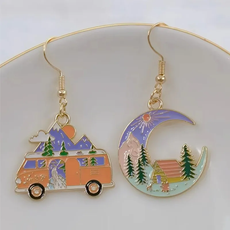 Cartoon Camping Car Tent Alloy Asymmetric Pendant Earrings Fashion Personalized Women's Accessories Charm Gift for Friends