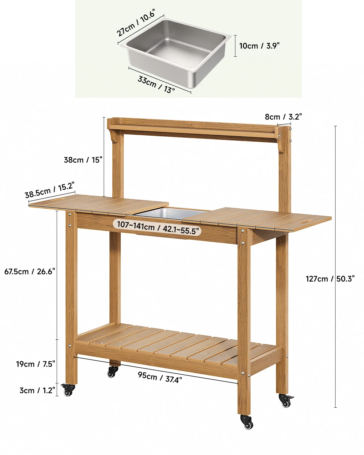 Potting Bench Table, Outdoor Garden Potting Table With 4 Wheels, Outside Garden Work Table, Potting Station For Porch