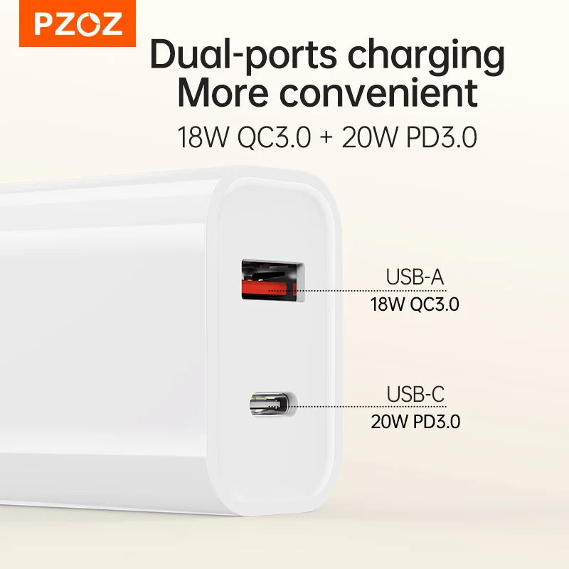 PZOZ 38W USB Type C Charger Fast Charging For iPhone 15 14 13 12 Pro Max Plus PD 20W QC 3.0 Phone Quick Charge Dual Travel Plug