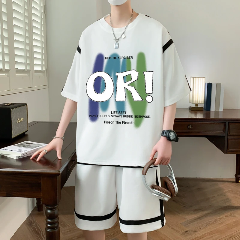 Autumn Men's Tracksuit Set Korean Casual Sports Suit Breathable T-shirts Shorts 2 Piece Set High Street Men's Clothing New S-6XL