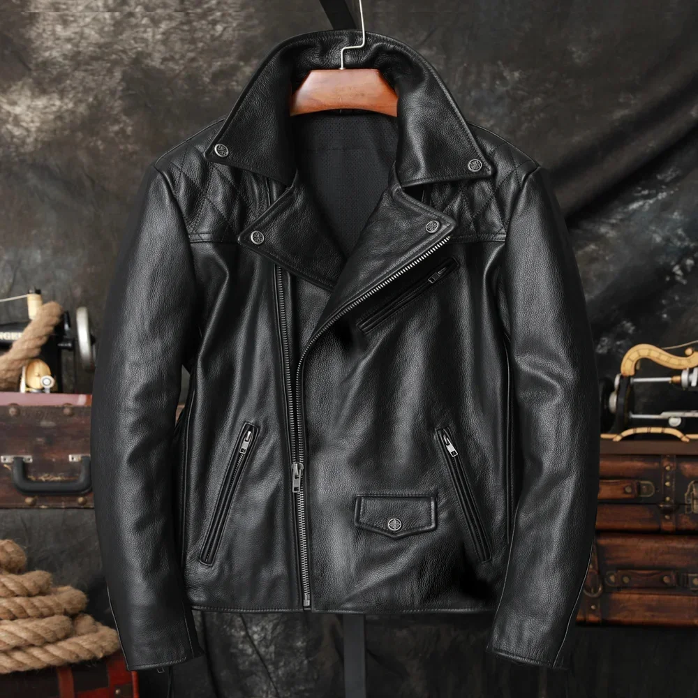 NEW Men's Protective Gear Motorcycle Jacket Genuine Leather Clothes Natural Cowhide Oblique Zipper High Quality Coat Size S-5XL