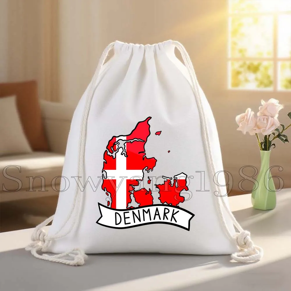 Denmark Country Flag Map Cute Canvas Drawstring Bags Soccer Backpack Gym Cotton Sackpack Gifts Hiking Sports Yoga String Bag