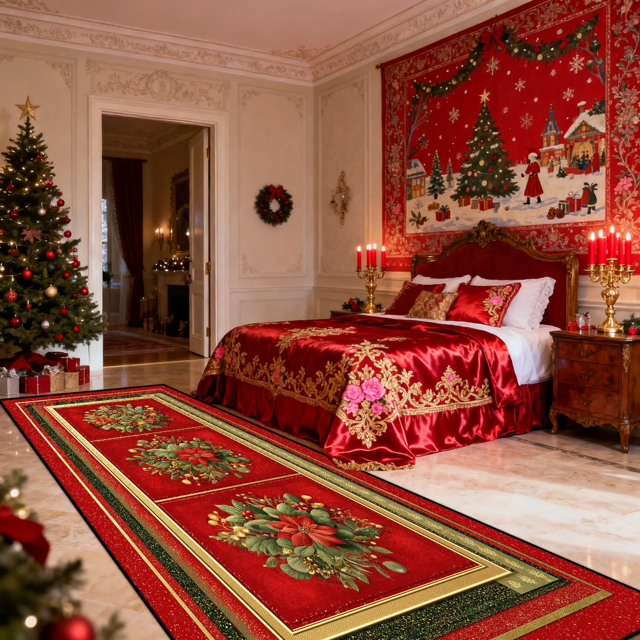 Red Green Christma Style Long Runners Carpet Bedroom Bed End Decoration Non-slip Rugs Christmas Tree Gift Box Corridor Floor Mat