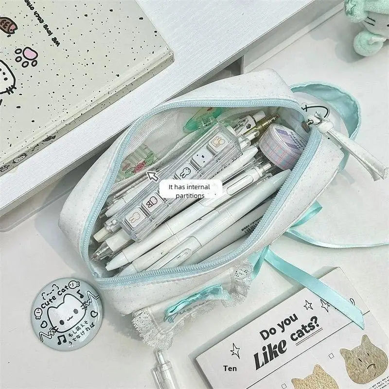 Tragbares Federmäppchen mit Schleifendesign, große Kapazität, mehrschichtige Stifttasche, gepunkteter Handtaschen-Organizer für Schreibwaren, Schulbedarf – Detail 3