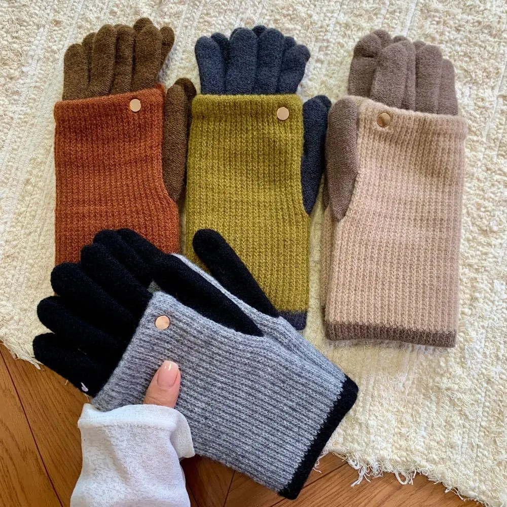 Fashion Warm Color Blocked Knitted Gloves Dual-purpose Open-Finger Winter Women Gloves Cold-proof Windproof Long Gloves Skiing