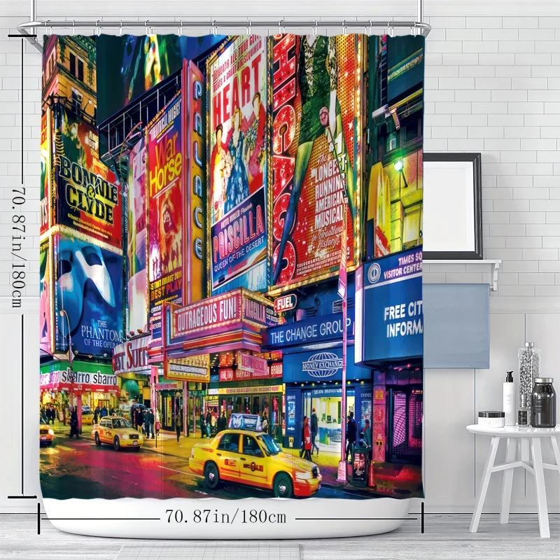 YWJHUI Urban Broadway New York Cityscape Digital Print Shower Curtain, Water-Resistant Polyester Bathroom Decor with Hooks, Mach