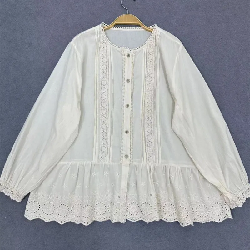 JOHNMOB-Chemise à manches longues brodée en coton pour femme, chemisier à volants doux, Mori Girl, japonais, nouveau, adt, début du printemps, 2024