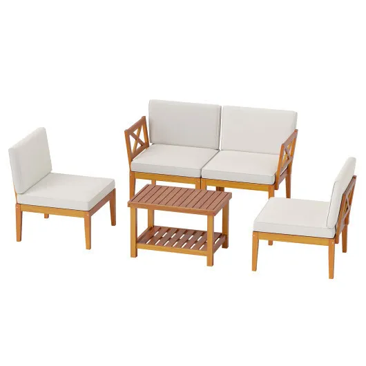 5 Pieces Acacia Wood Patio Furniture Set Outdoor Sectional Conversation Set with