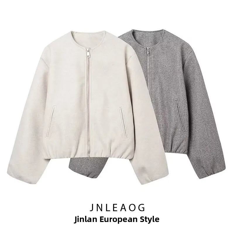 

Faionable round Ne Zipper Jaet Outerwear JNLEAOG Women's Clothing Versatile Sle Polyester Fiber Long Sve ort Coat