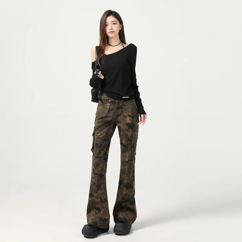 

Spicy Camouflage High Waist Denim Jeans Women's Slim Fit Butt Lifting Trendy Floor Length Pants Retro Sle Workwear