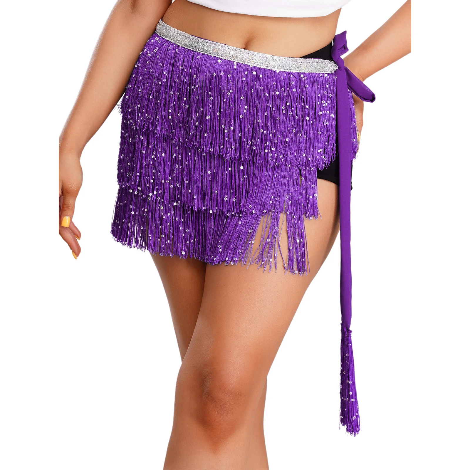 Womens Oriental Indian Belly Dance Hip Scarf Shiny Sequin Tiered Tassel Lace-up Waist Skirt Hip Wrap Carnival Bellydance Costume
