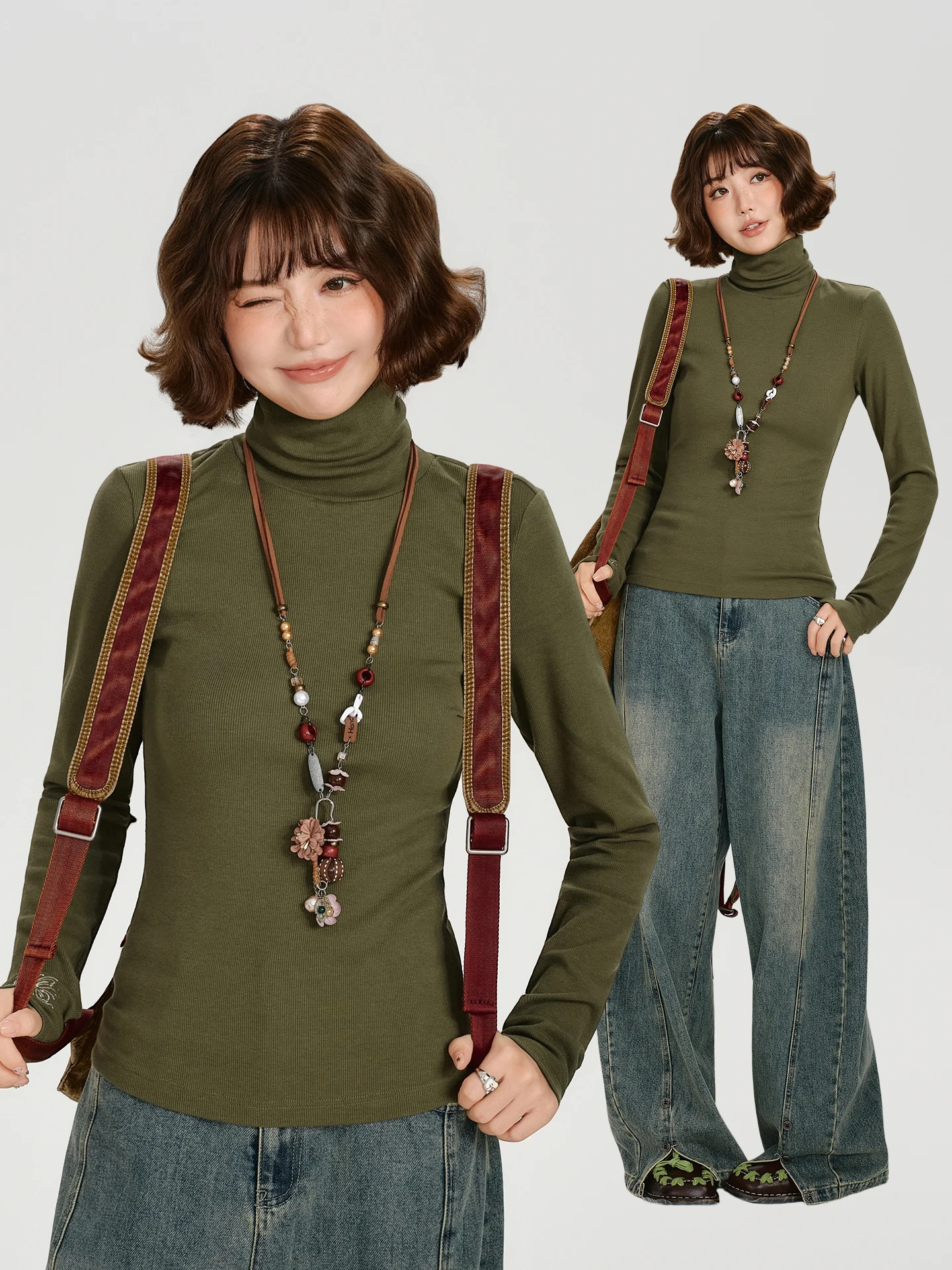 ガーリーアメリカンレトロハイカラーロングスリーブTシャツレディース秋新作刺繍入りスリムベースレイヤートップ