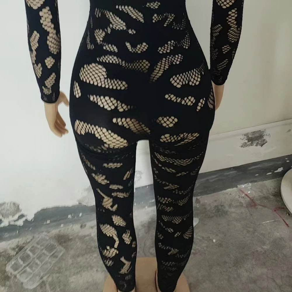 Damen-Jumpsuit aus transparenter Spitze, langärmelig, figurbetont, einteiliges Outfit, abstraktes, durchsichtiges, enganliegendes Jumpsuit für Party, Nachtclub und Clubwear. – Detail 7