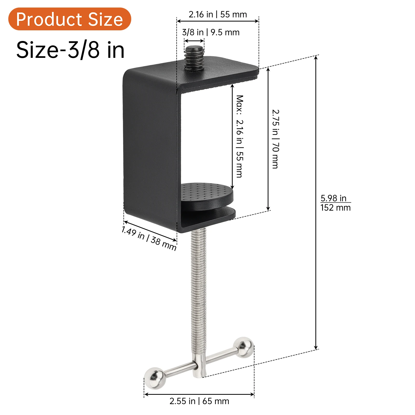 3/8-16 / 1/4-20 Inch Male Threads Table Mount Clamp C-Clamp Metal Bracket Clip Desk Mic Stand Base for Gooseneck / Boom Arms