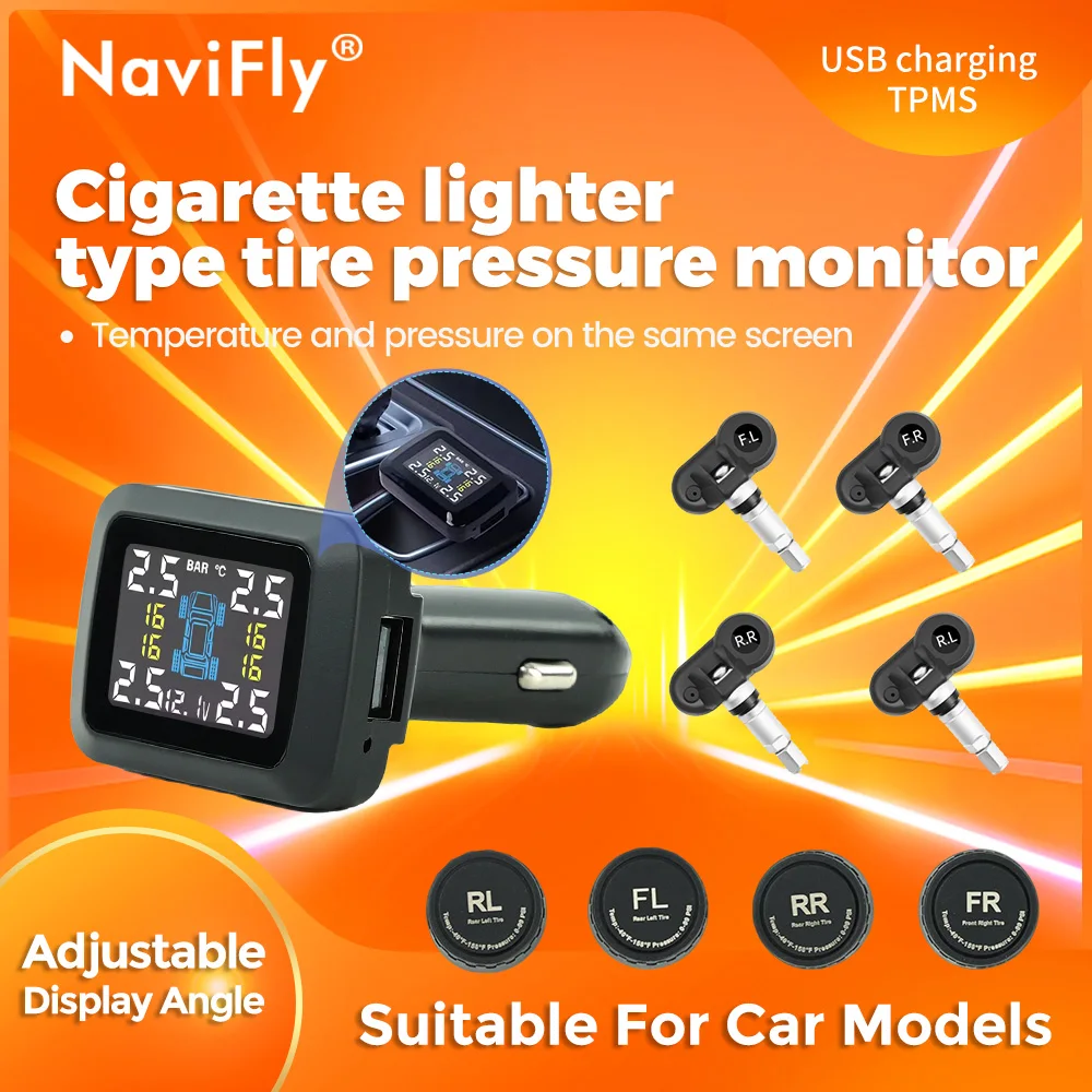 NaviFly Smart Cigarette Lighter USB TPMS Car Tire Pressure Alarm Monitor System 4Sensors Display Tyre Pressure Temperature Alarm