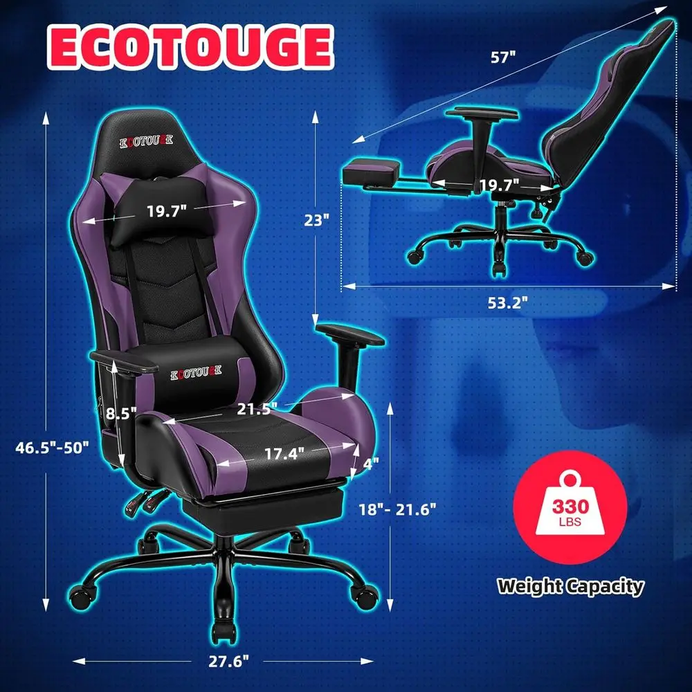 Racing-Style Gaming Chair with Footrest, High-Back Desk Chair, Recliner with Lumbar Support and Pillow
