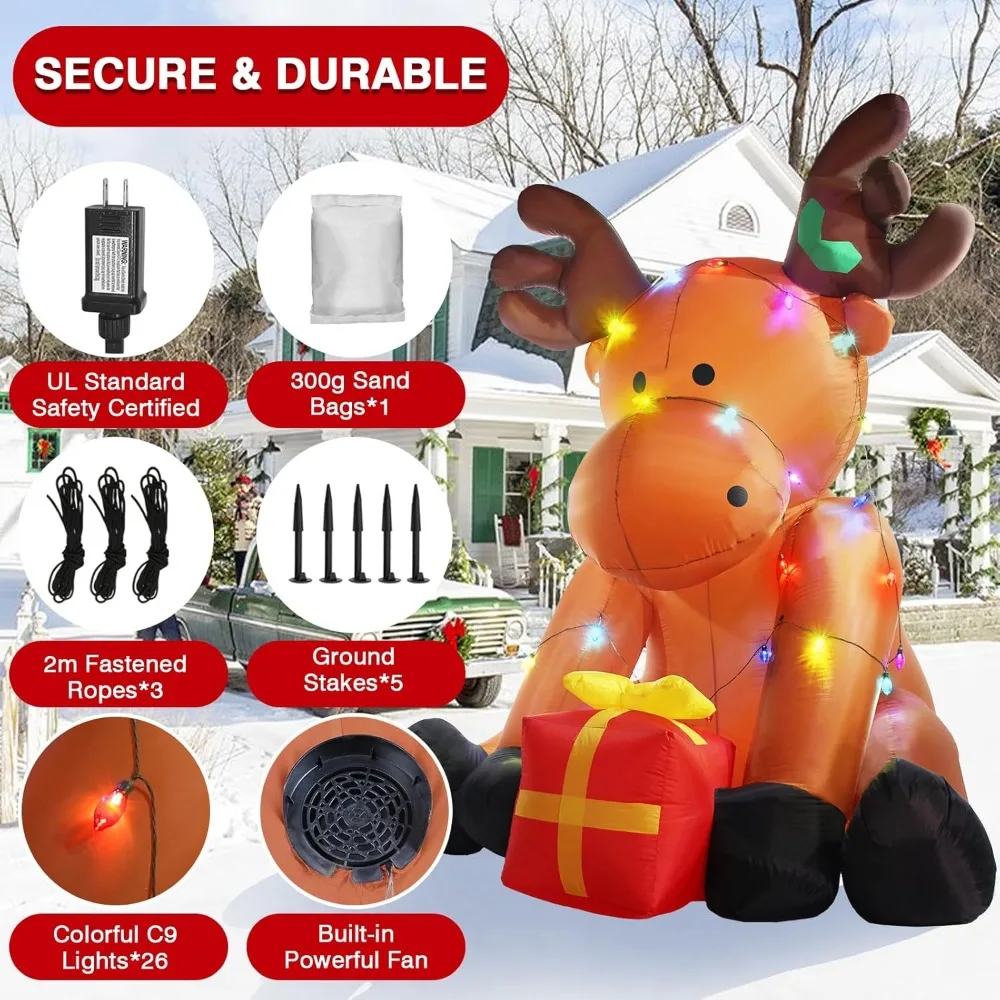 Inflatable Reindeer with Gift Box, LED Light, Outdoor Decoration, Christmas Decoration, 8-foot