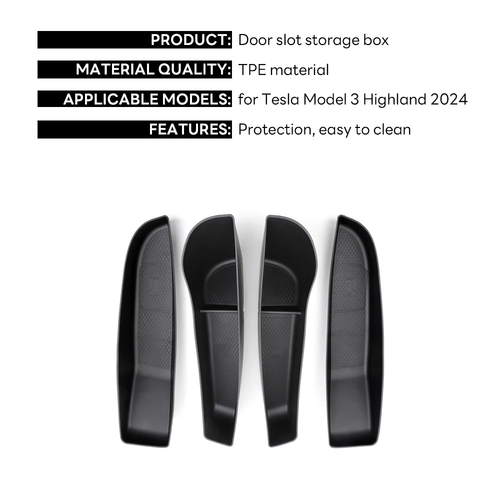 For Tesla Model 3 Highland 2024 Car Door Side Storage Box Front Rear Side TPE Door Storage Organizer Tray Interior Accessories