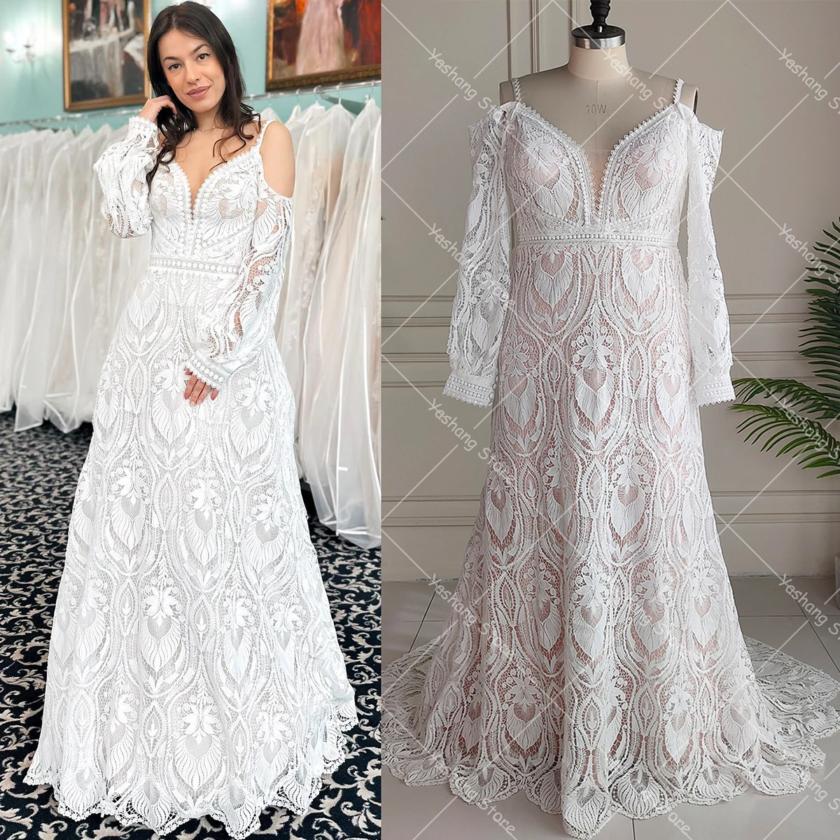 Long Puffy Sleeves Modern Customized Bridal Gowns Spaghetti Straps Low V Neck Boho Cold Shoulder Backless Elegant Wedding Dress