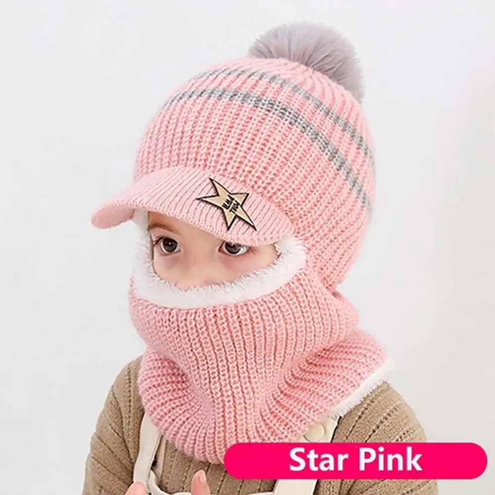

Windproof Woolen Headwear Neck Warmer Full Face Cover Fleece Lining Knitting Hat Baby Bonnet Children Winter Hats Caps